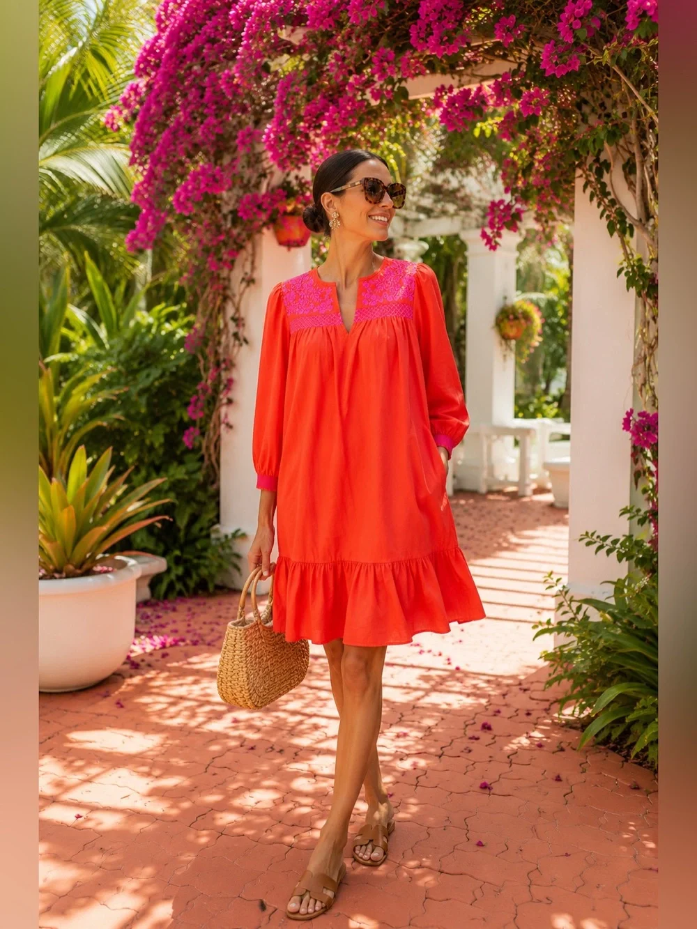 J.Crew Leda Embroidered Popover Dress XS Red Pink Floral Cotton Ruffle Pockets